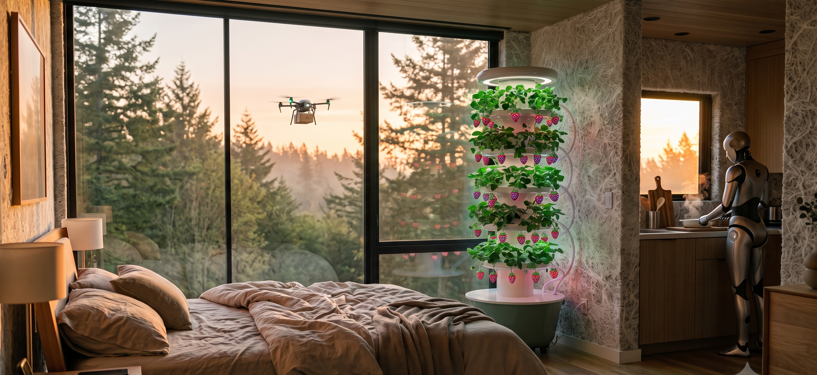 A serene bedroom at dawn with a glowing strawberry tower, a delivery drone outside, and a robot preparing breakfast