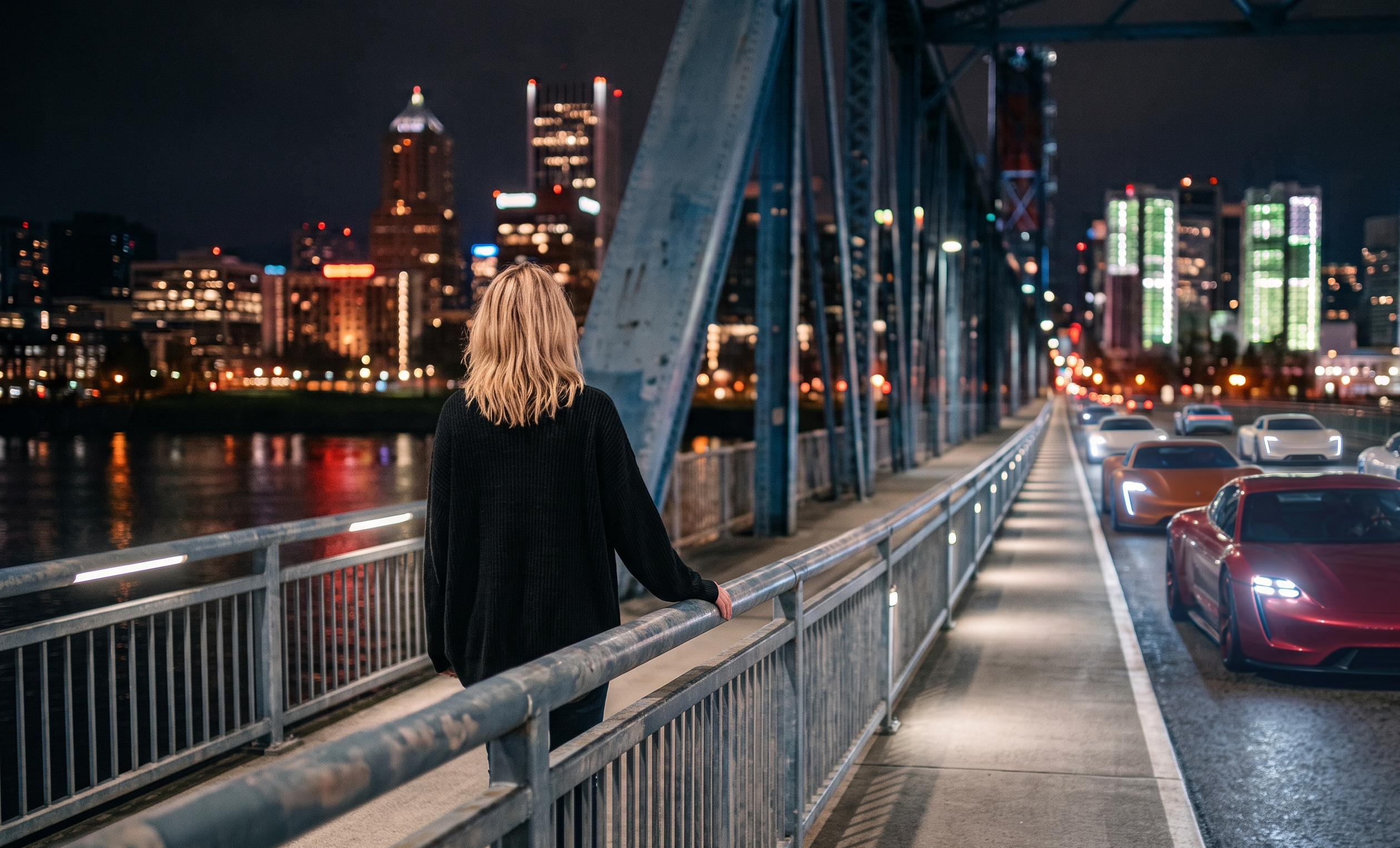 A woman standing alone on the Morrison Bridge at night, Portland city lights glowing across the river