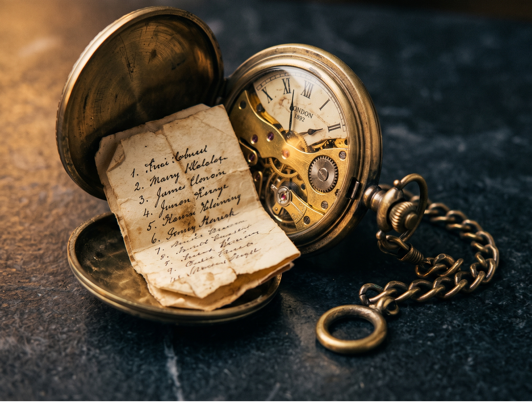 An antique brass pocket watch open on a dark surface, a folded list of names resting inside