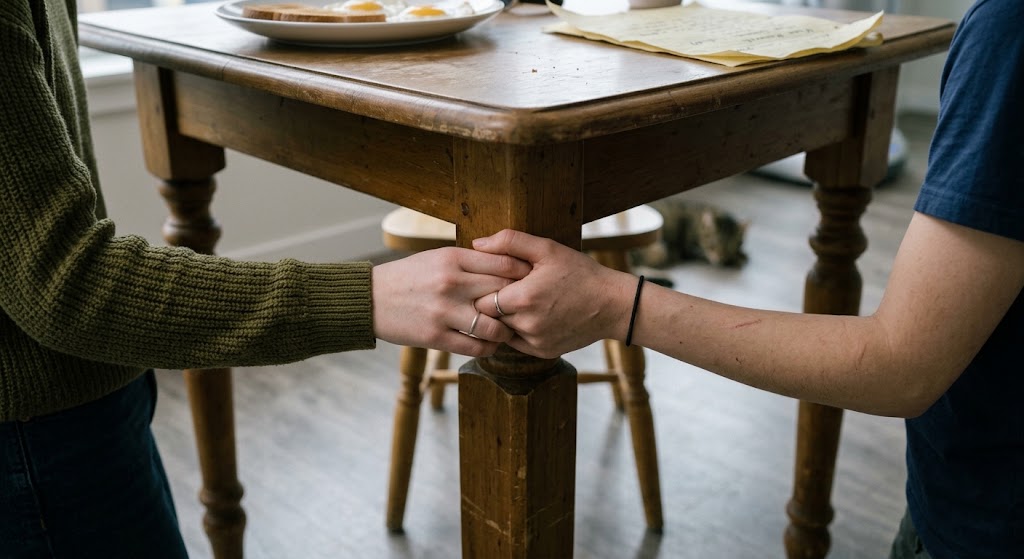 Two friends holding hands tightly beneath a kitchen table, cold eggs and a folded paper visible above