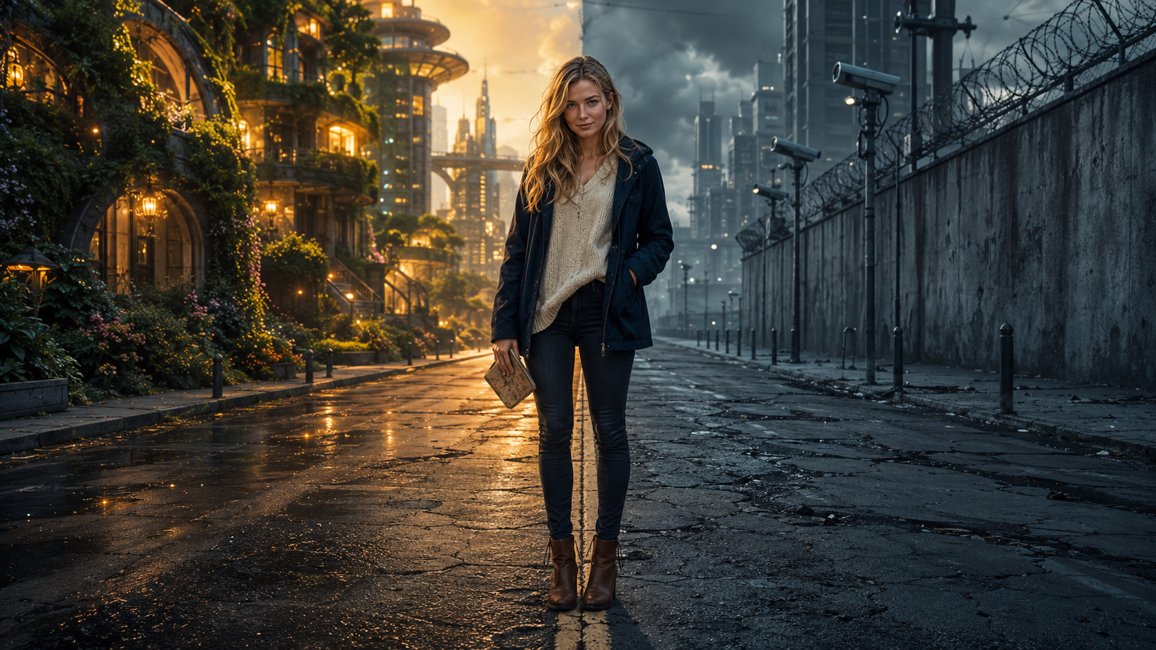 A woman standing on the line between two futures — one golden and alive, one grey and watched